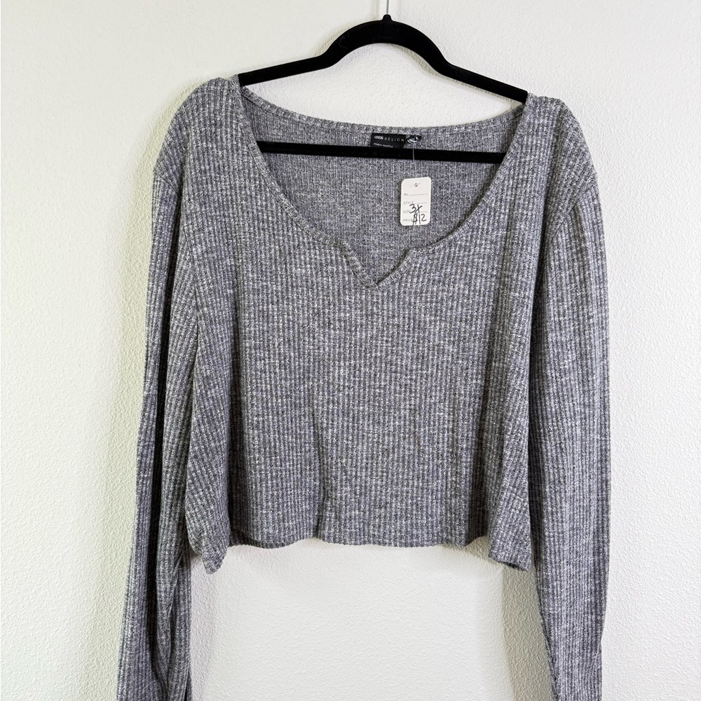 ASOS Curve Gray V-Neck Ribbed Blouse